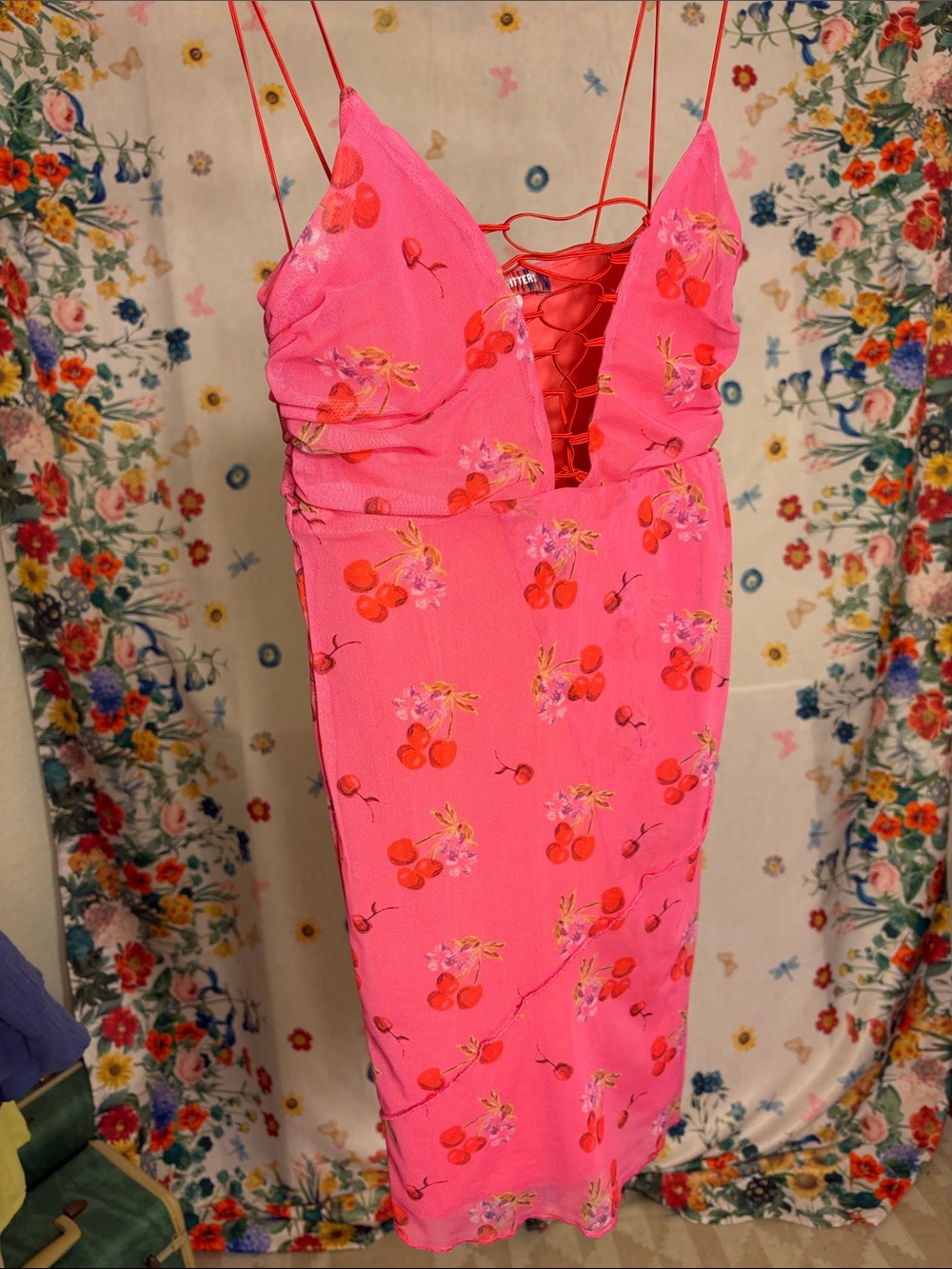 Urban Outfitters Hot Pink Cherry-Print Midi Dress